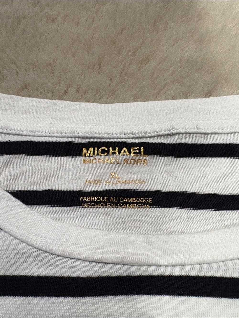 Michael Kors White and Black Striped Tee with Studded Black MK Logo - Picture 2 of 3